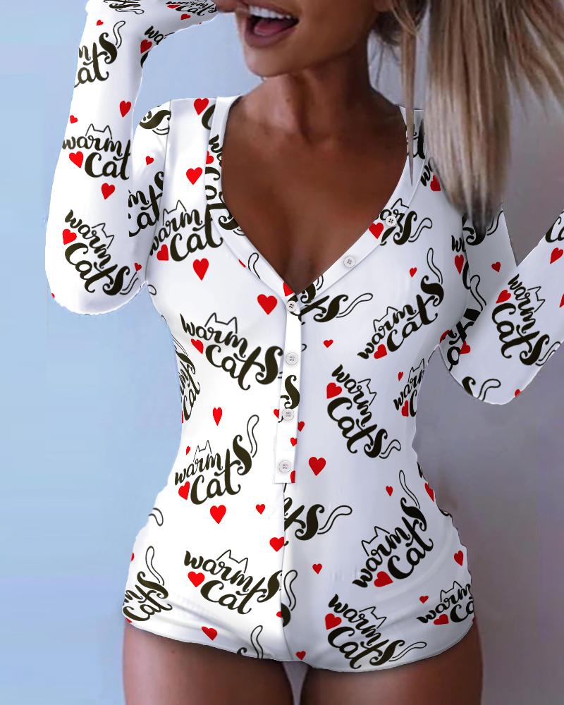 

Letter Heart Print Long Sleeve Romper, Multicolor