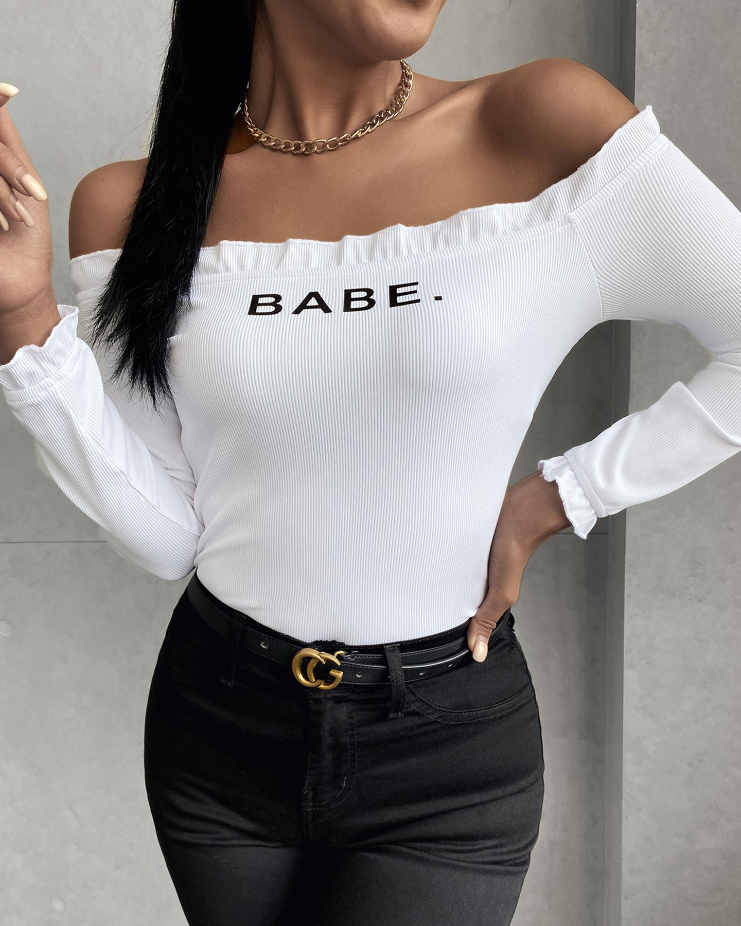 

Off Shoulder Letter Print Frill Hem Top, White