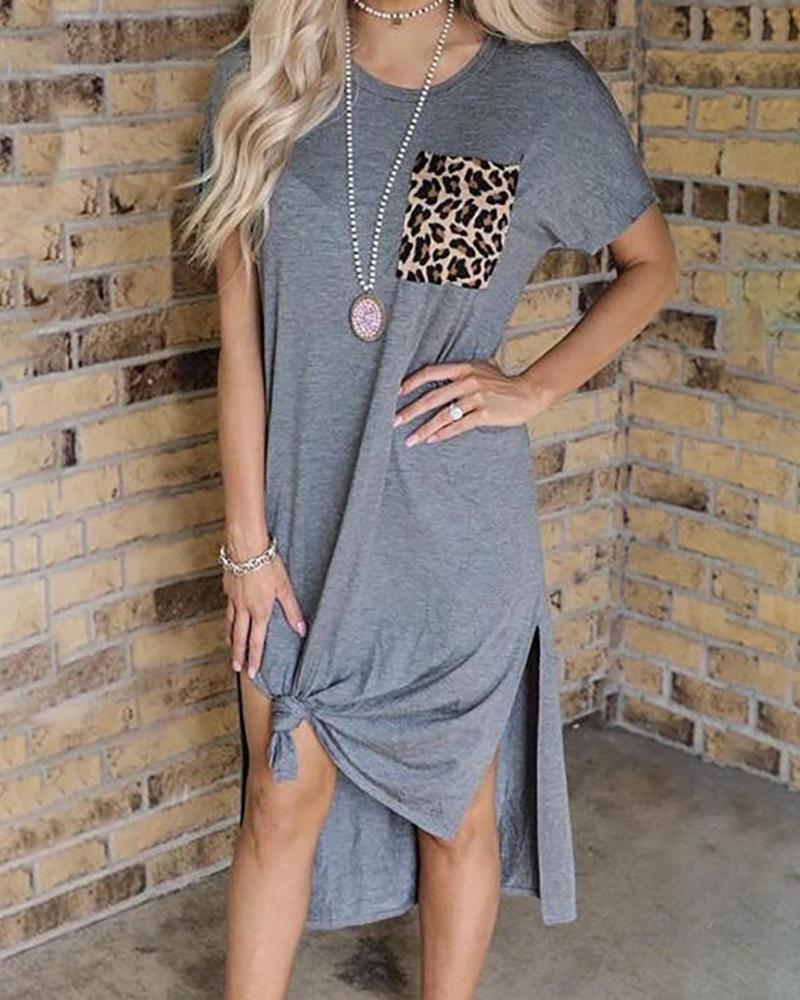 

Leopard Print Pocket Slit Casual Dress, Gray