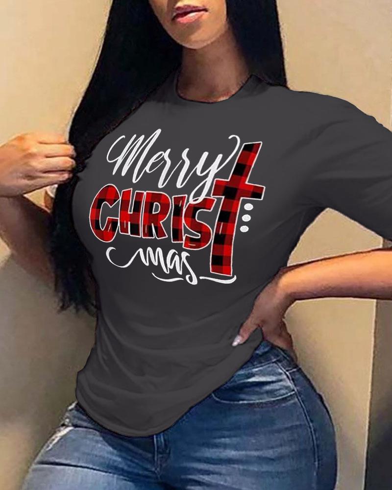 

Plus Size Christmas Plaid Letter Print Casual T-shirt, Dark grey