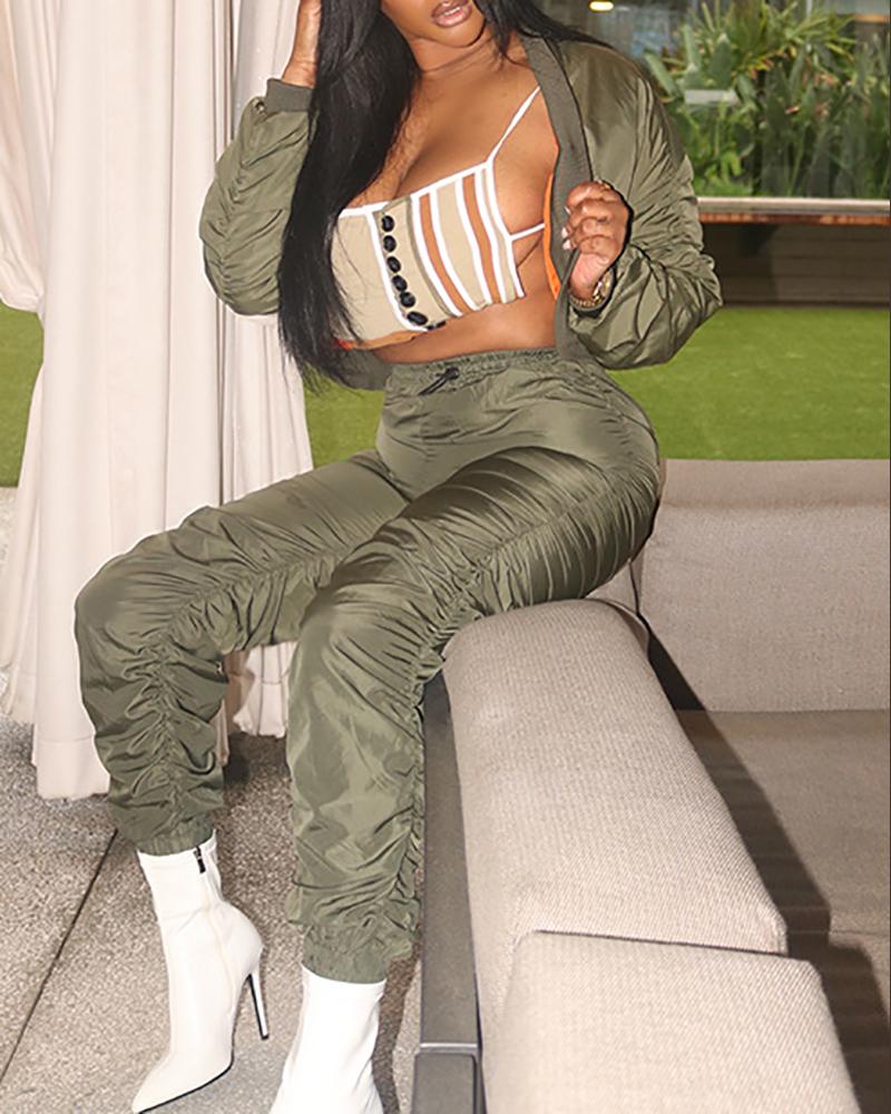 

Ruched Long Sleeve Coat & High Waist Pants Set, Green