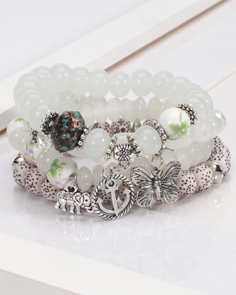 

4pcs Elephant Anchor Butterfly Shaped Pendant Stackable Bohemian Layered Beaded Unisex Bracelets Set, White