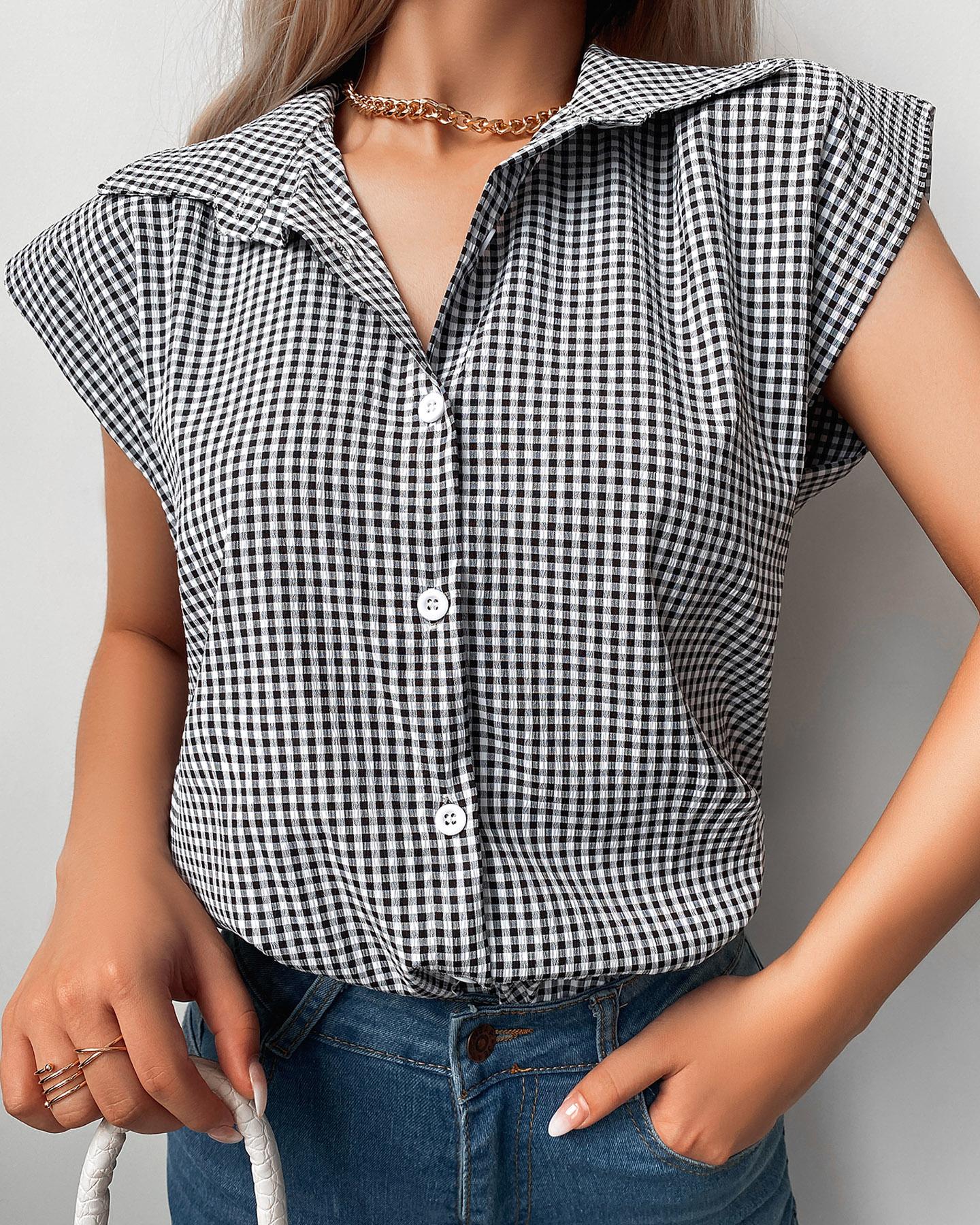 

Plaid Print Button Design Sleeveless Top, Black