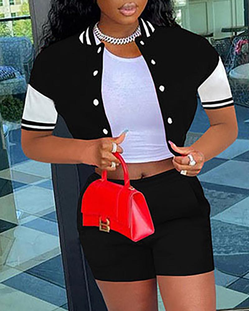 

Colorblock Contrast Paneled Buttoned Baseball Coat & Pocket Design Shorts Set, Black