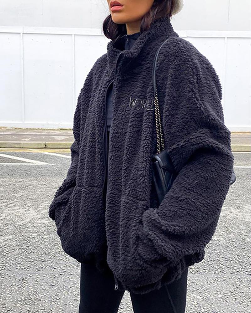 

Lantern Sleeve Letter Print Zipper Front Teddy Coat, Black
