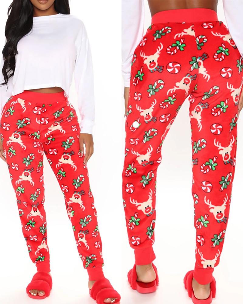 

Christmas High Waist Deer Graphic Print Lounge Pants, Red