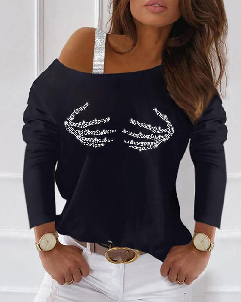 

Valentine' Day Rhinestone Heart / Fingers Pattern One Shoulder Top, Style2