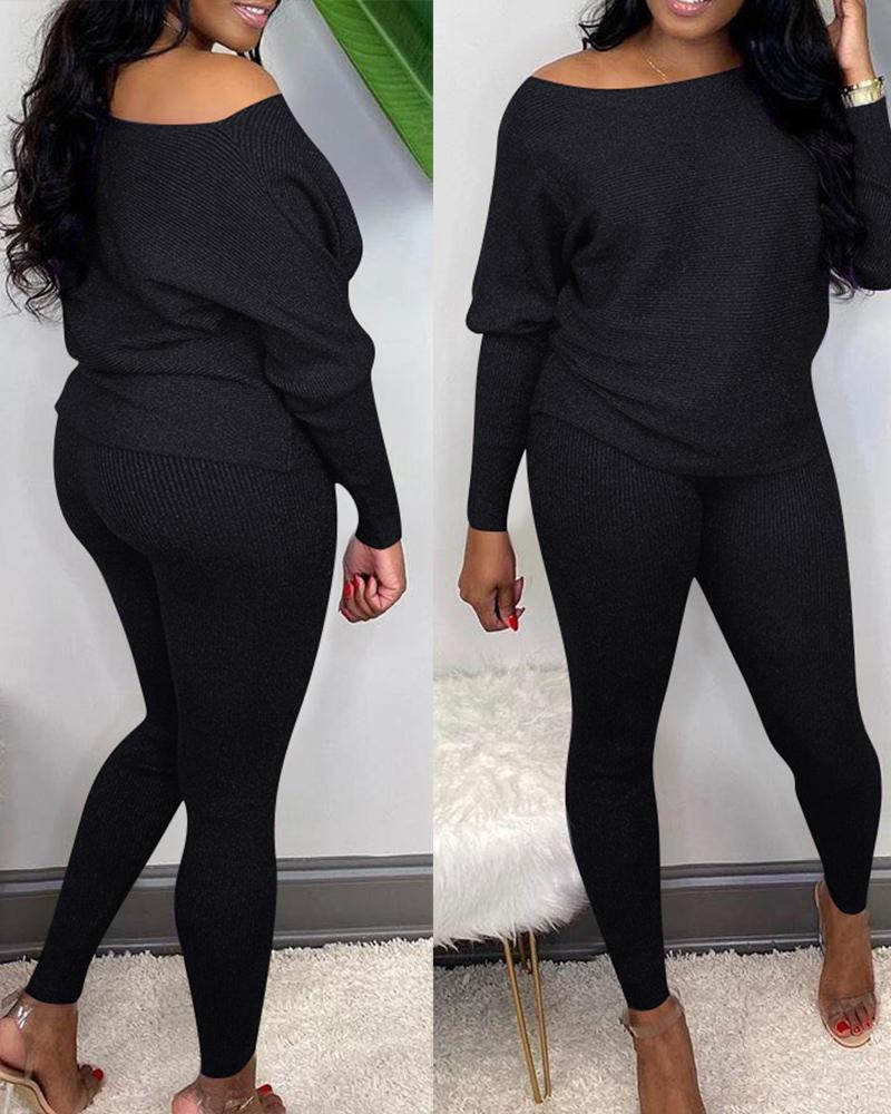 

Plain Ribbed Top & Pants Set, Black