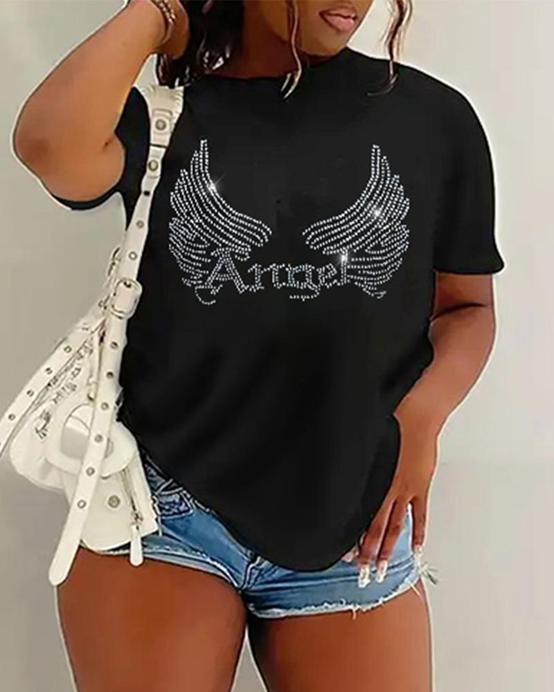 

Plus Size Angel Wings Rhinestone Casual T-shirt, Black