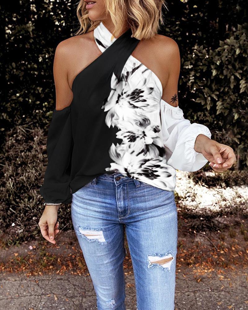 

Floral Print Colorblock Halter Cold Shoulder Top, Blackwhite