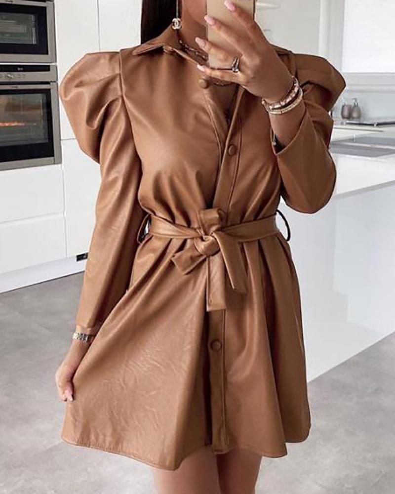 

Puff Sleeve PU Leather Buttoned Dress With Belt, Khaki