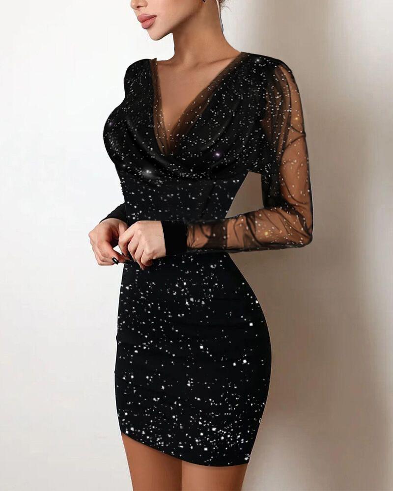 

Glitter Sheer Mesh V-Neck Bodycon Dress, Black