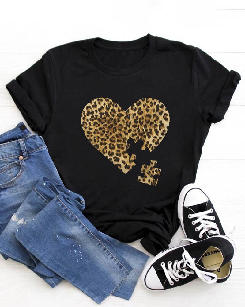 

Valentine's Day O-Neck Cheetah Heart Letter Print T-shirt, Style4