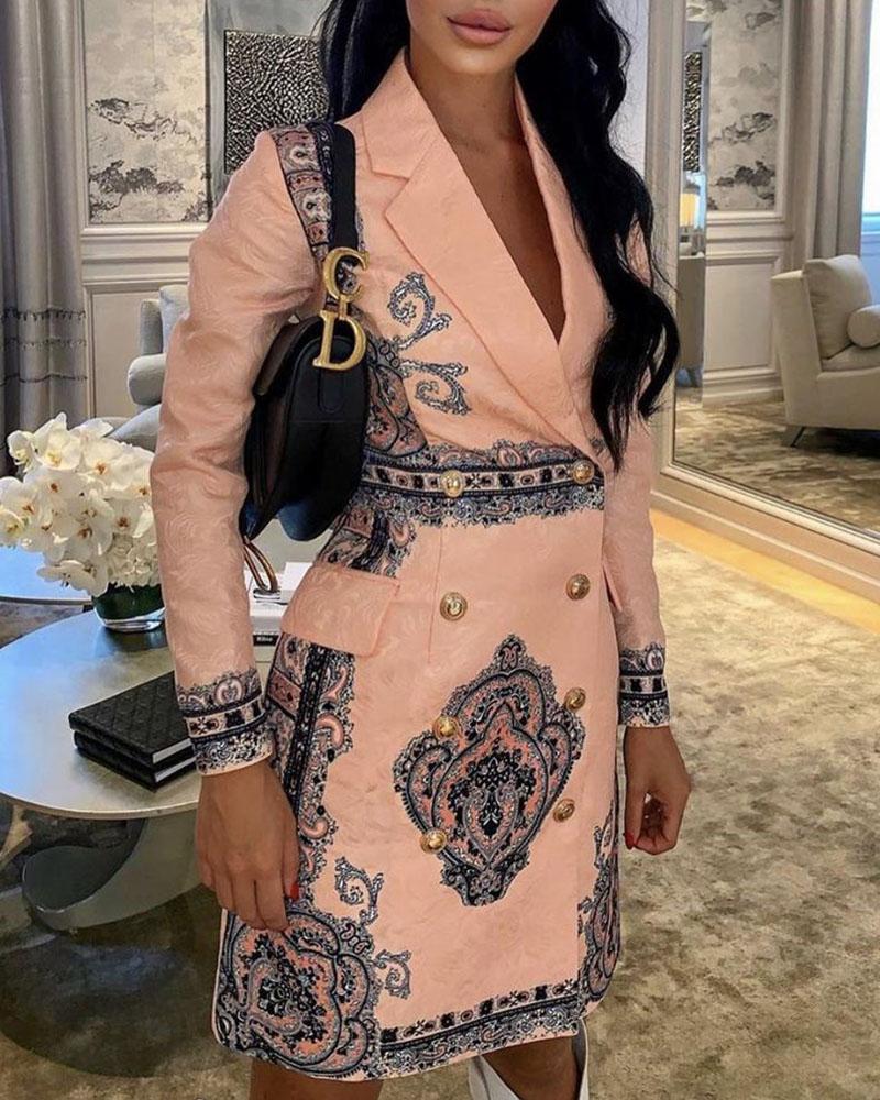 

Scarf Print Lapel Collar Double Breasted Blazer Dress, Pink