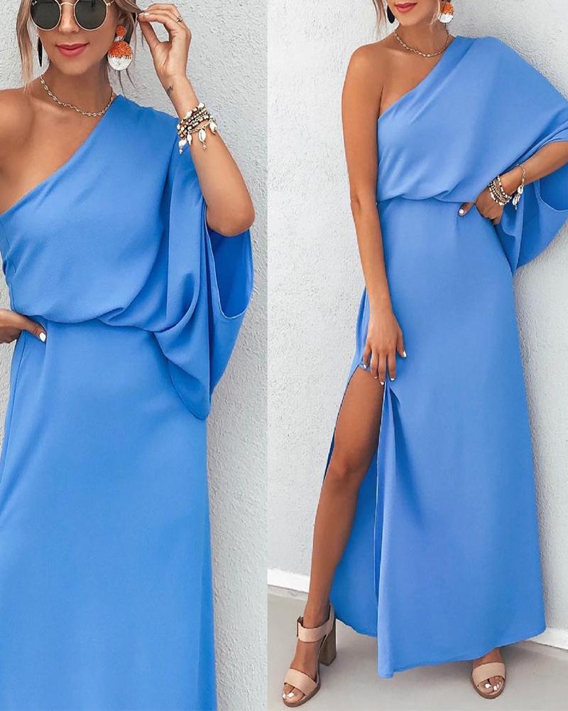 

One Shoulder Split Thigh Maxi Dress, Blue