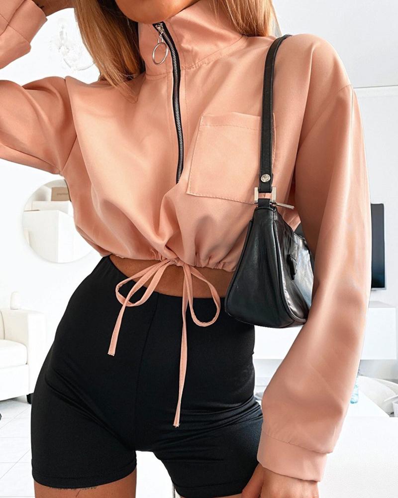 

Zipper Design Drawstring Pockets Bomber Coat, Pink