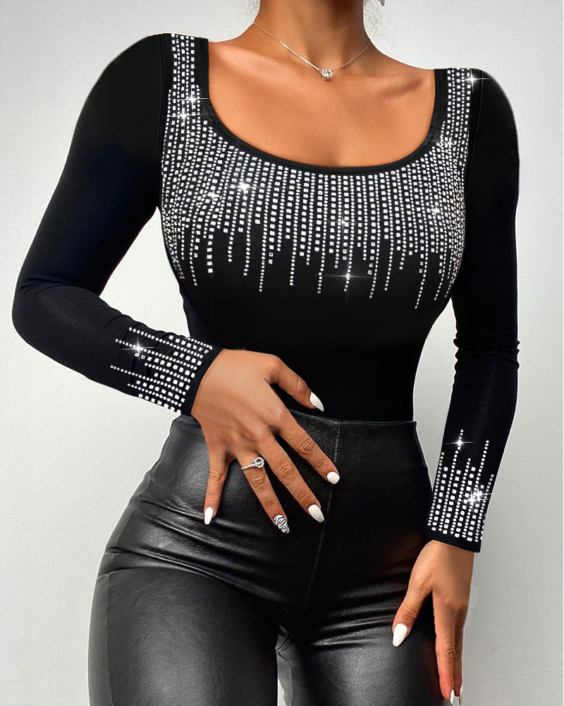 

Blusa de manga comprida com decote redondo e decoração de strass, blusa slim fit, camiseta, Black