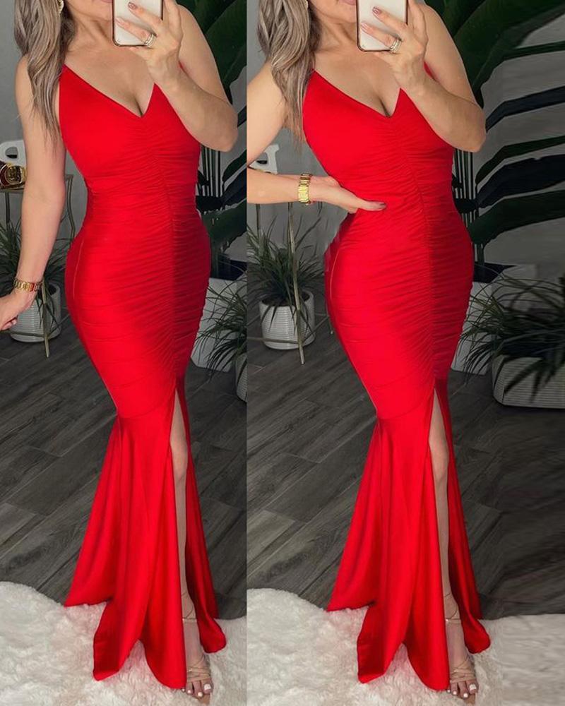 

Backless Satin Ruched High Slit Party Dress, Red