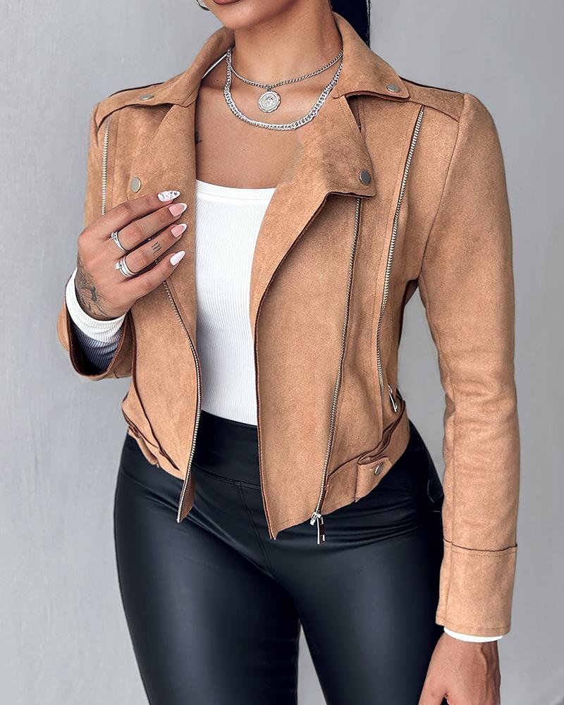 

Gola de lapela com zíper manga comprida motociclista casaco curto bolso design jaqueta, Khaki