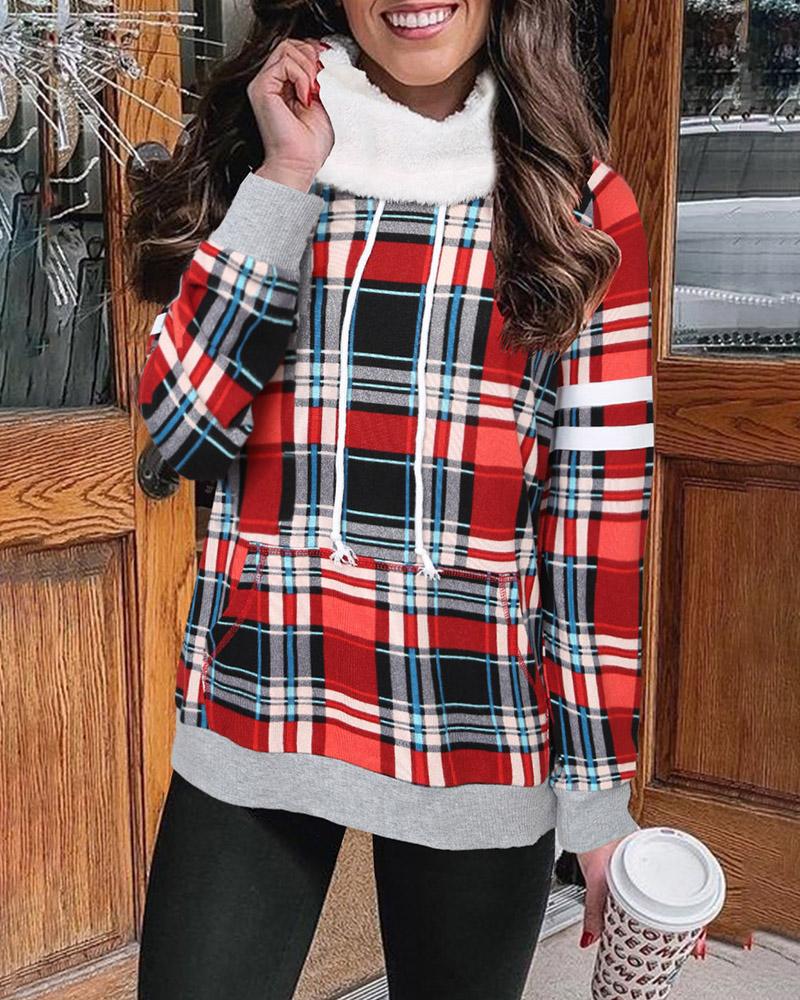 

Christmas High Neck Plaid Print Contrast Paneled Drawstring Top, Red