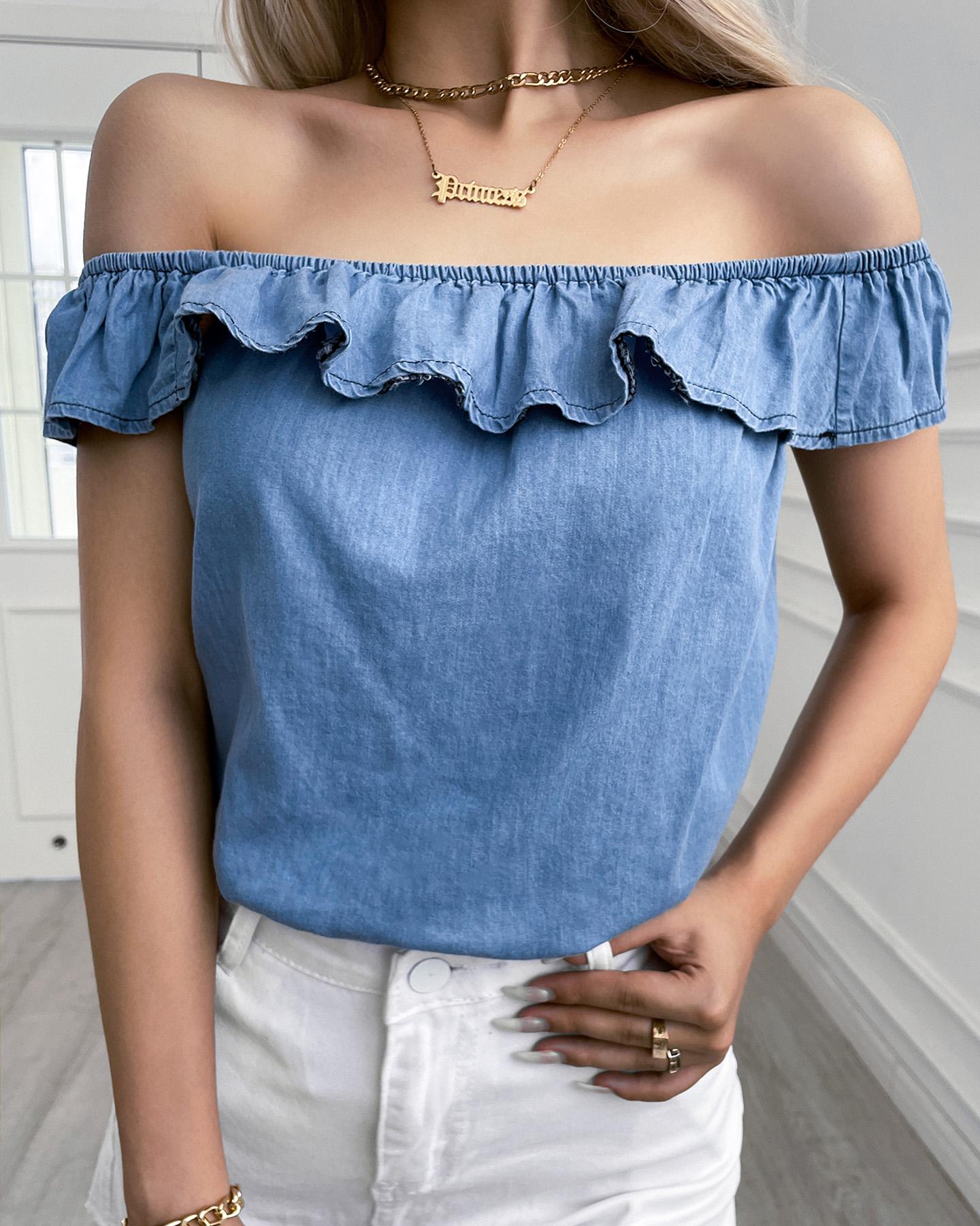 

Off Shoulder Ruffles Denim Top Solid Color Casual Top, Blue