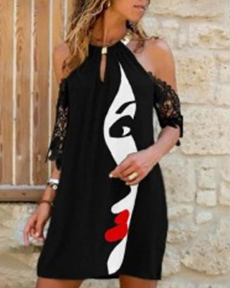 

Figure Print Half Sleeve Cold Shoulder Casual Dress, Black