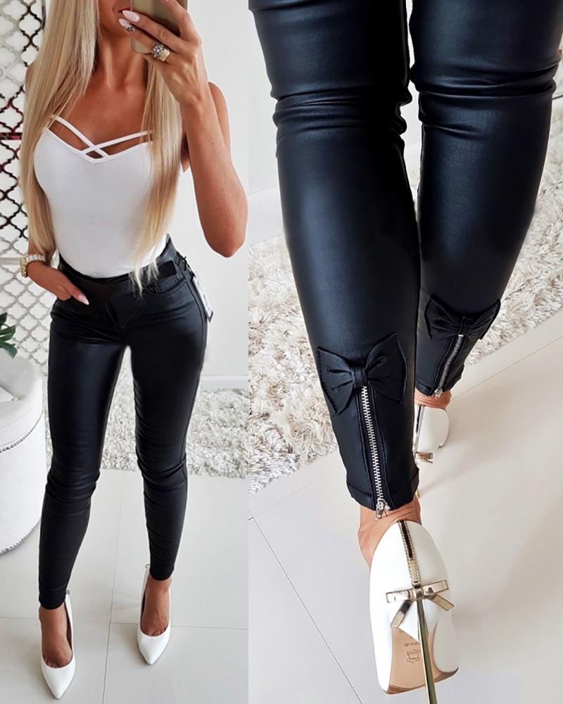 

Pu Zipper Design Bowknot Detail Pants, Black