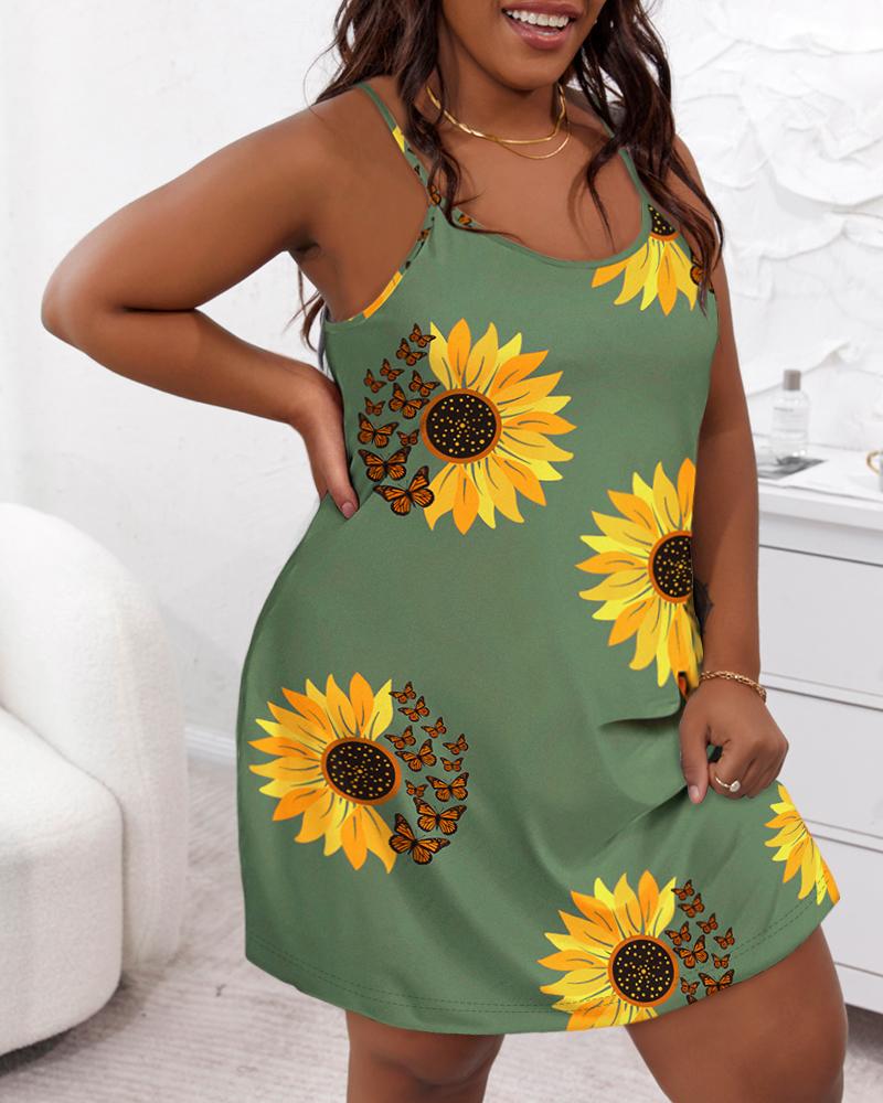 

Plus Size Sunflower Butterfly Print Cami Sleep Dress, Green