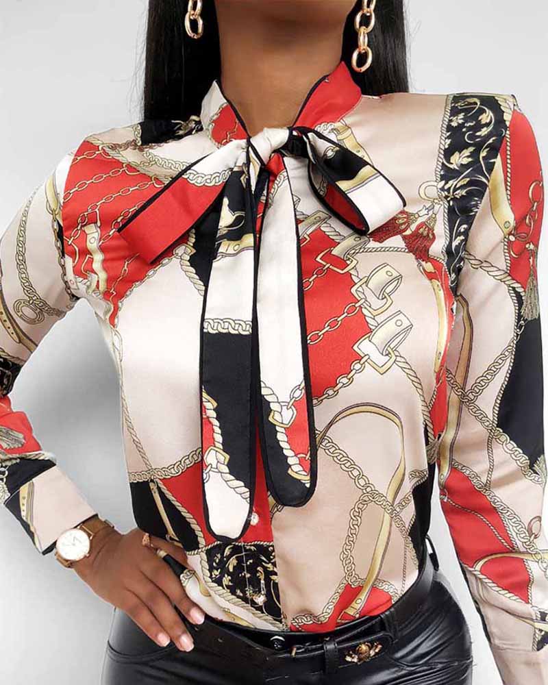 

Long Sleeve Scarf Print Buttoned Tied Detail Top, Red