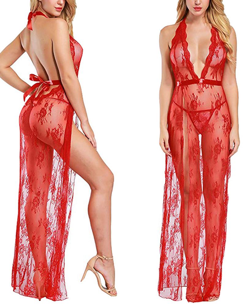 

Lace Backless Halter Sleeveless Maxi Dress, Red