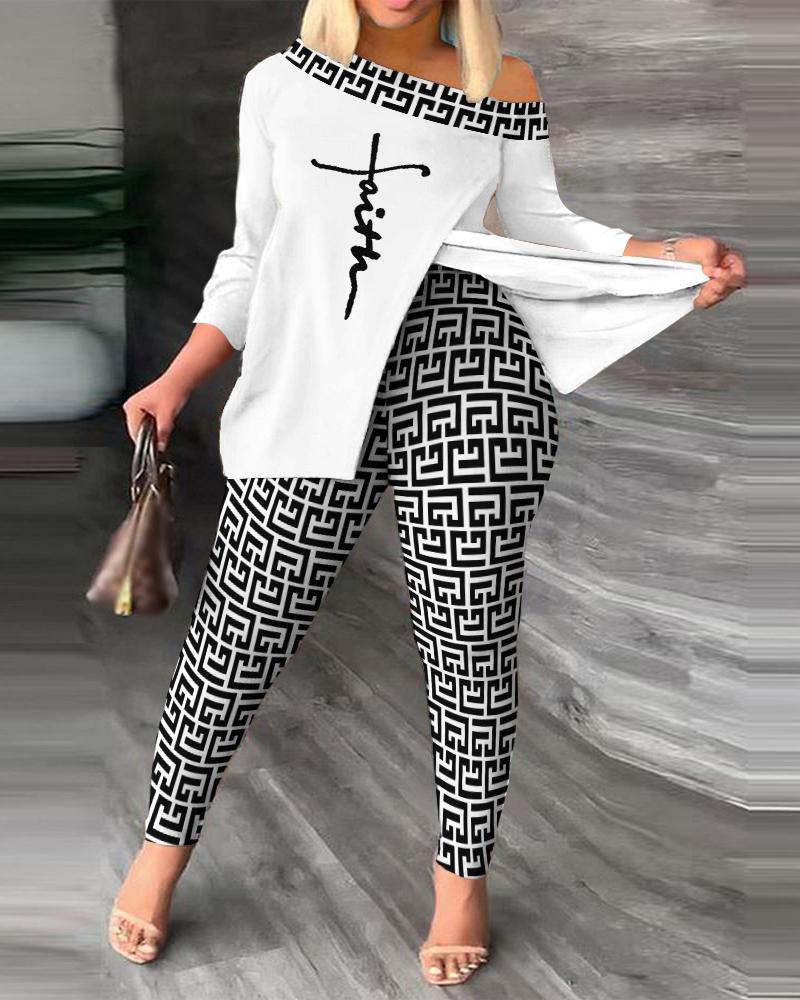 

Plus Size Faith Geo Print Split Hem Top & Pants Set, White