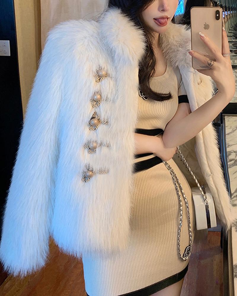 

Buttoned Long Sleeve Faux Fur Fluffy Coat, White