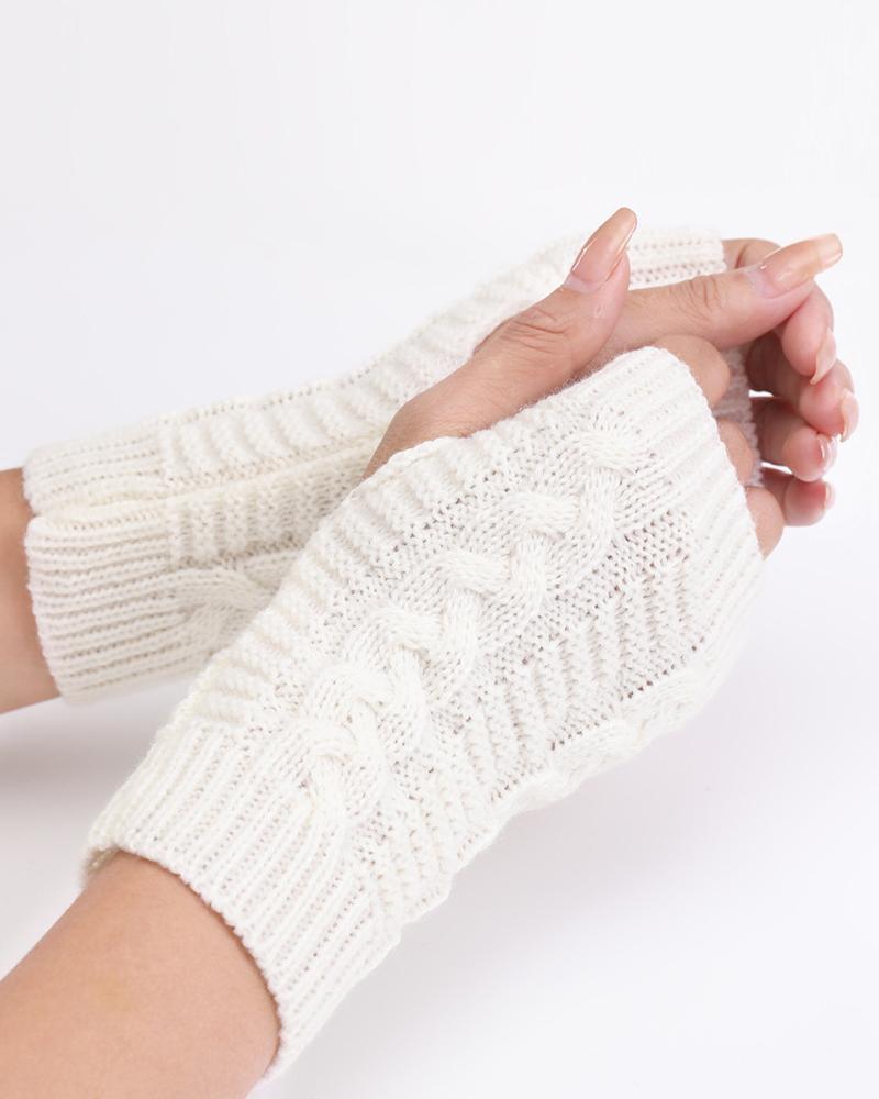 

1Pair Warm Cable Knit Fingerless Gloves, White