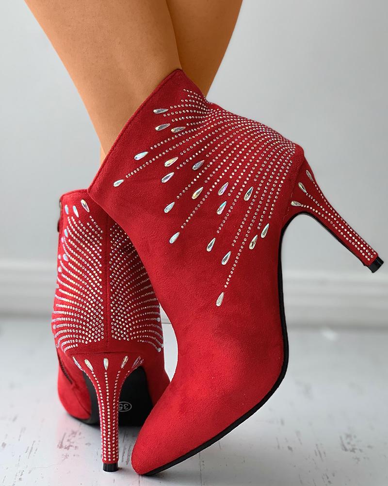 

Rhinestone Decor Pointed Toe Suede Heeled Boots, Red