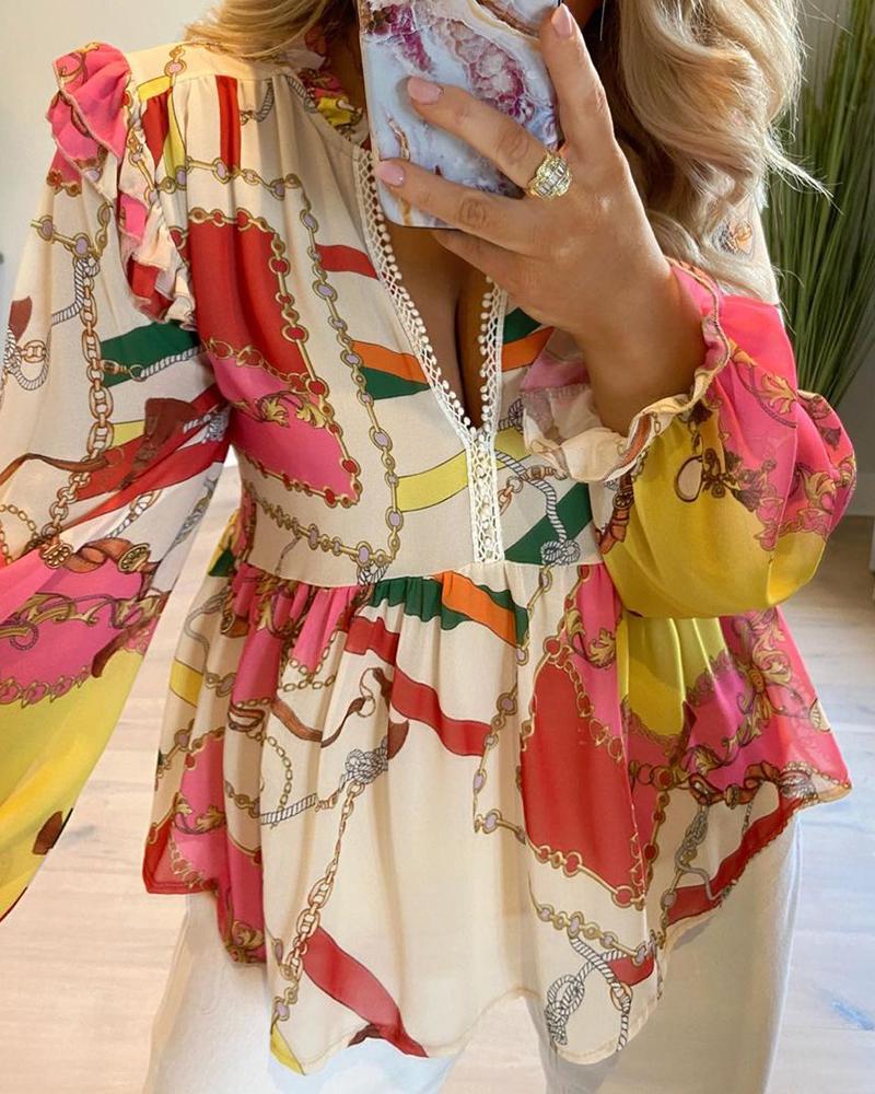 

Chain Scarf Print Ruffles Lace Patch Top, Multicolor