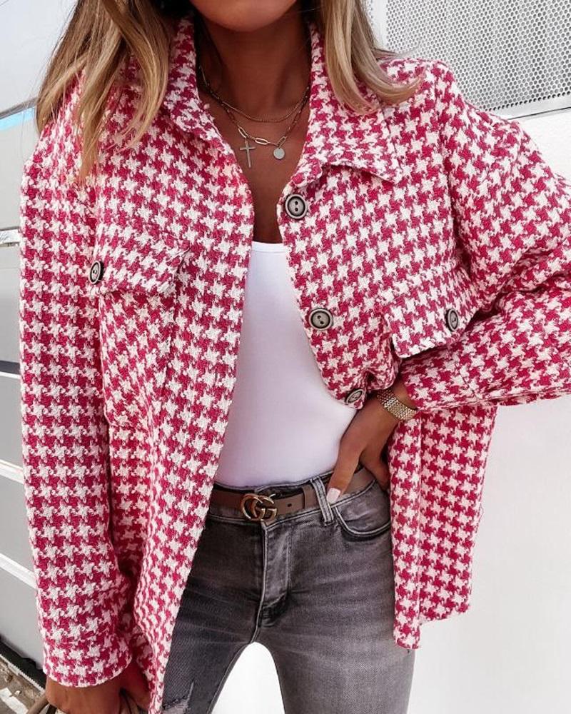 

Houndstooth Print Long Sleeve Button Down Shacket, Red