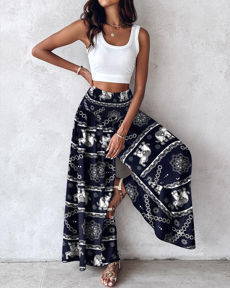 

Tribal Elephant Print Shirred Wide Leg Pants, Dark blue