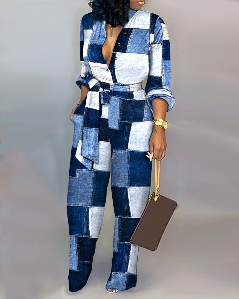 

Denim Look Print Tied Detail Jumpsuit, Blue