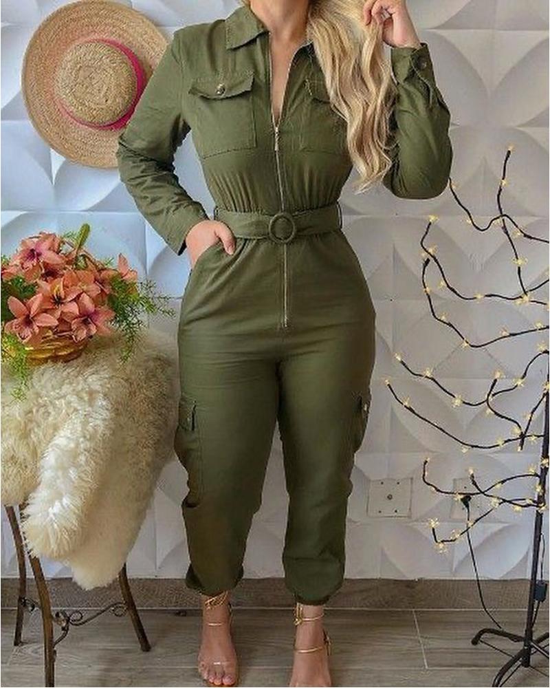 

Long Sleeve Flap Pocket Zip Front Jumpsuit, Army green