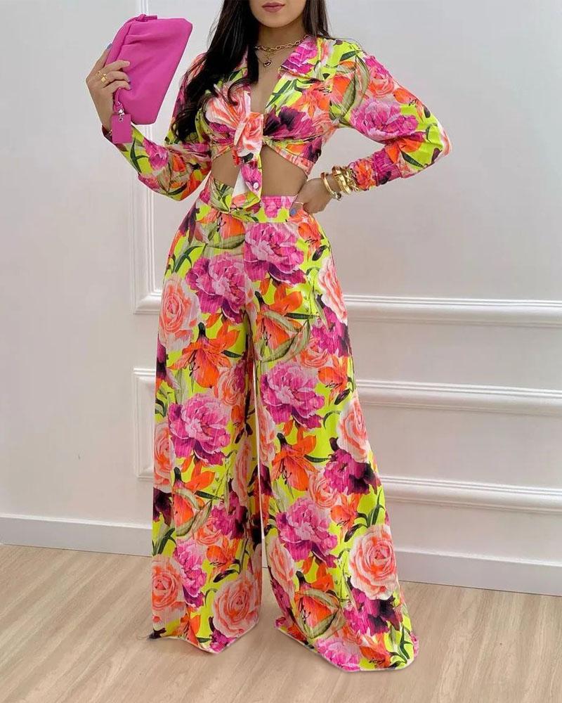 

Floral Print Button Down Shirt & Wide Leg Pants Set, Multicolor