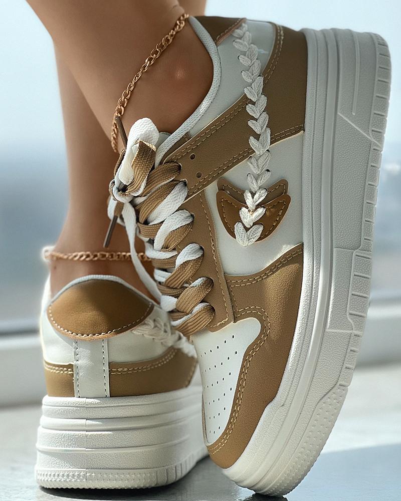 

Colorblock Eyelet Lace-up Platform Sneakers, Khaki