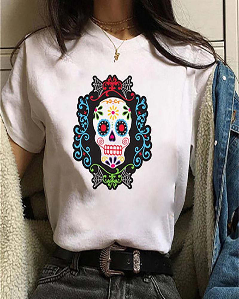 

Halloween Horror Figure / Skull Print Short Sleeve T-shirt, Style4