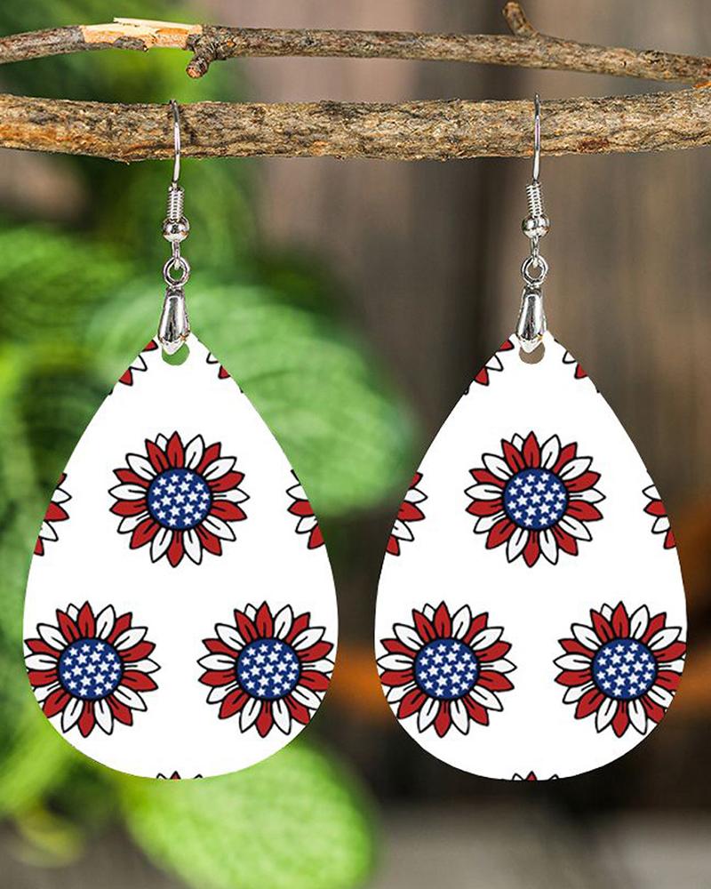 

1Pair Independence Day American Flag Sunflower Waterdrop Hook Earrings, White