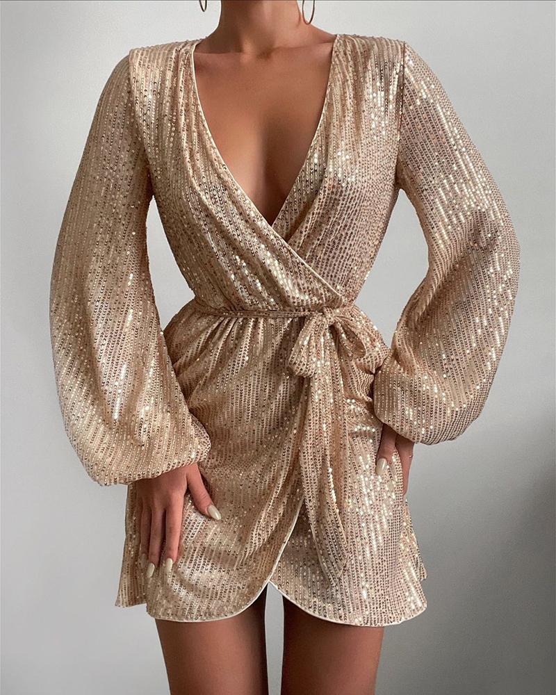 

Asymmetrical Lantern Sleeve Allover Sequins Dress With Belt, Apricot