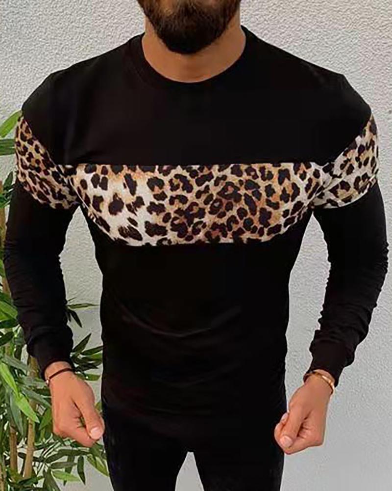 

Men Cheetah Print Colorblock Long Sleeve Top, Black