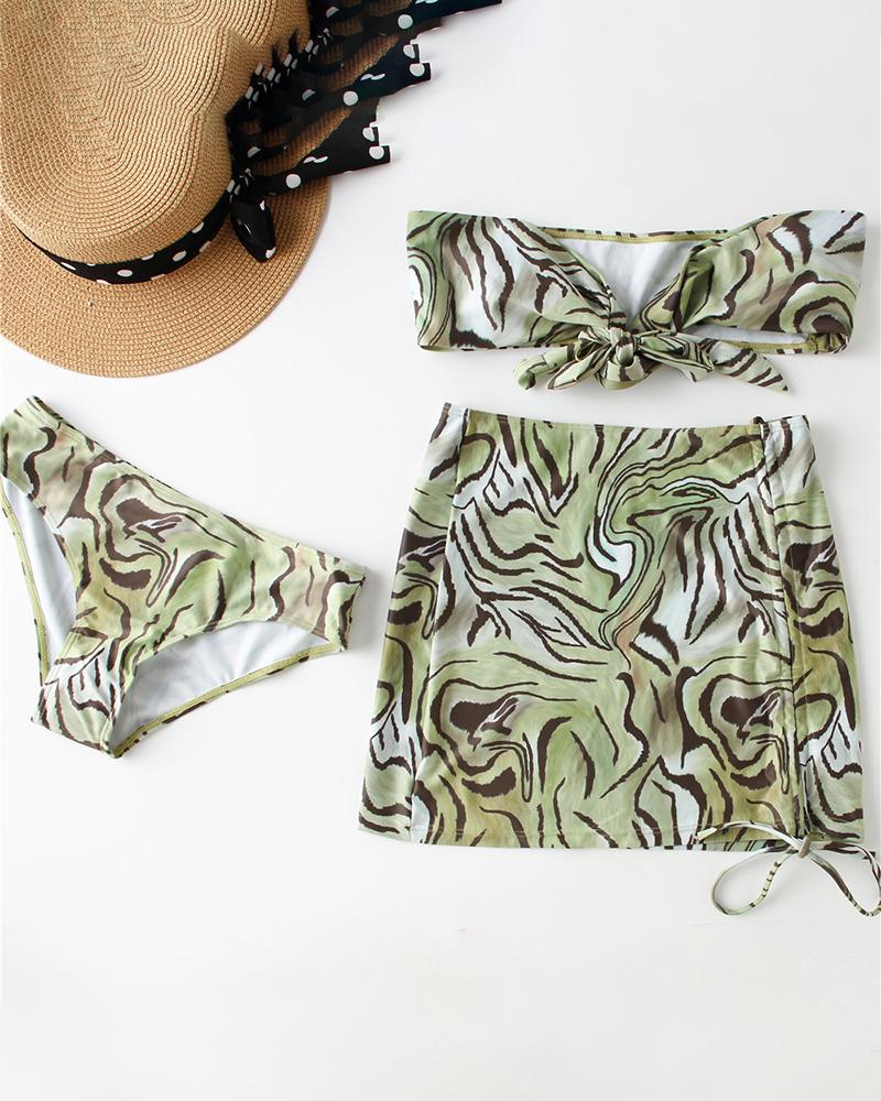 

3PCS Cheetah Print Halter Bikini Set With Drawstring Cover Up, Green