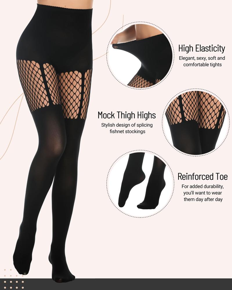 

Goth Striped Fishnet Stockings Faux Thigh High Tights Sexy Opaque Suspender Pantyhose, Black