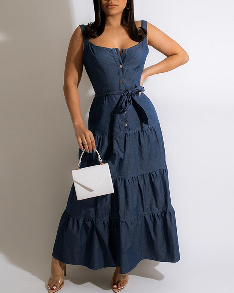 

Buttoned Sleeveless Ruched Denim Dress, Blue