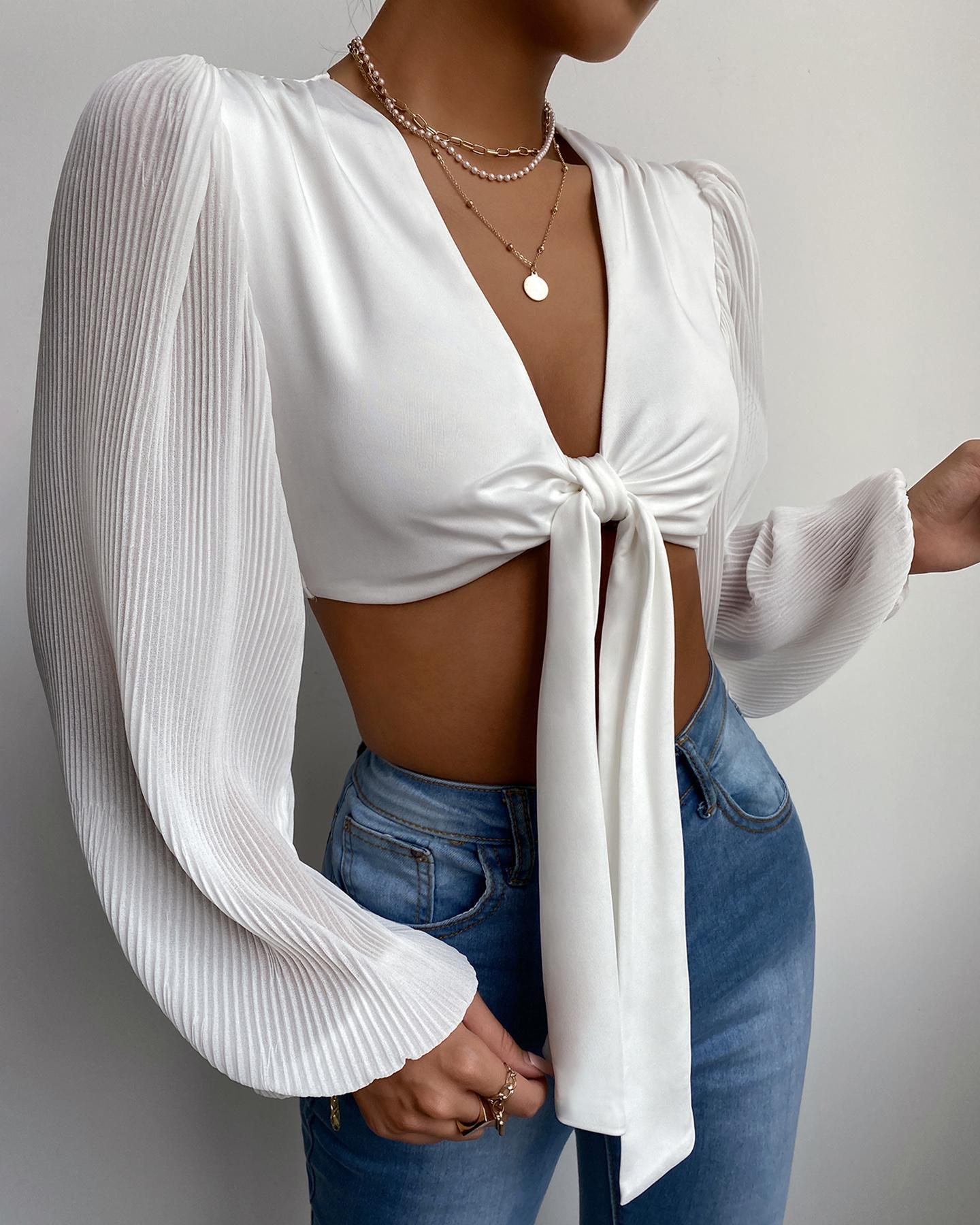 

Tie Front Puff Lantern Sleeve Crop Top, White