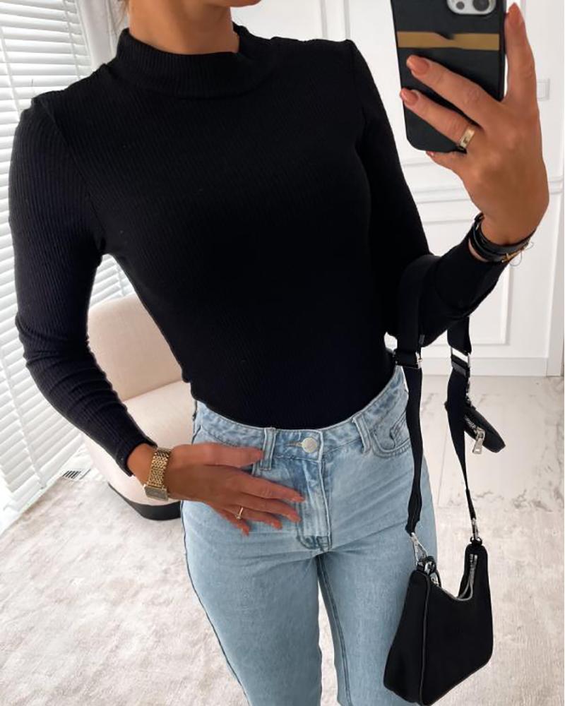 

O Neck Long Sleeve Casual Knit Top, Black